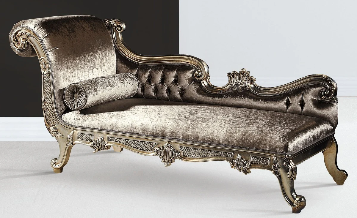 Luxury Baroque Chaise Longue Silver / Silver Gold - Magnificent Solid Wood Recamiere - Luxury Living Room Furniture in Baroque Style - Luxury Quality - Made in Italy