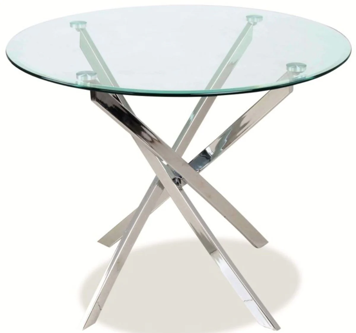 Luxury dining table silver Ø 90 x H. 71 cm - Modern round dining room table with tempered glass top and chrome-plated metal table legs - Kitchen furniture
