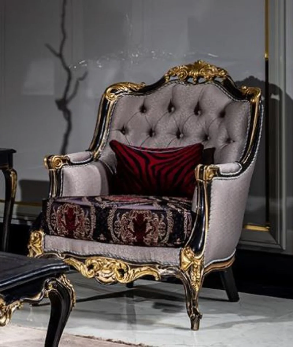 Luxus Barock Wohnzimmer Set Silber / Bordeauxrot / Schwarz / Gold - 2 Sofas & 2 Sessel & 1 Couchtisch - Prunkvolle Wohnzimmer Möbel im Barockstil