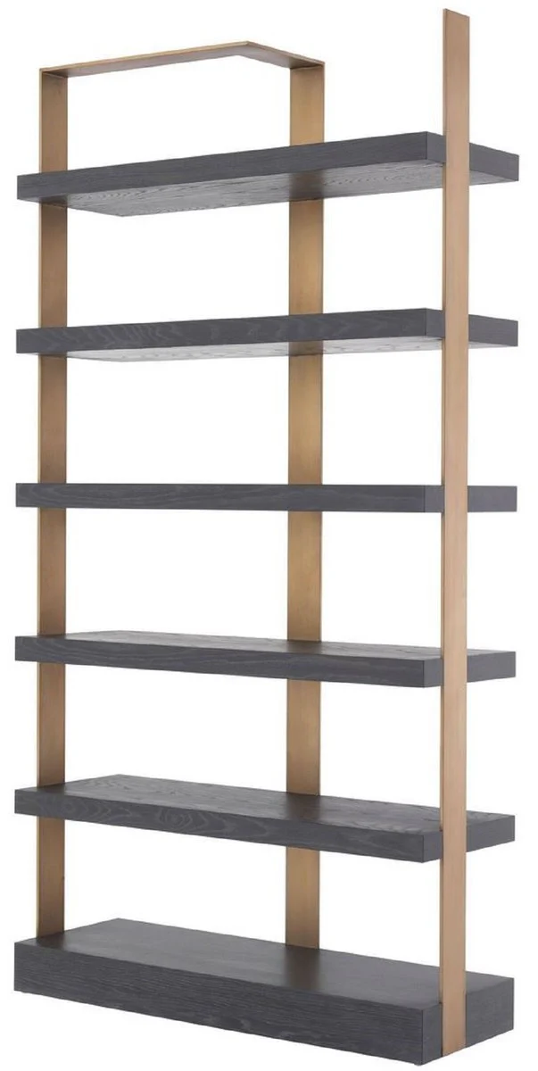Luxury shelf cabinet anthracite gray / brass colored 120.5 x 40 x H. 230 cm - oak veneer cabinet with stainless steel frame - bookcase - luxury living room furniture