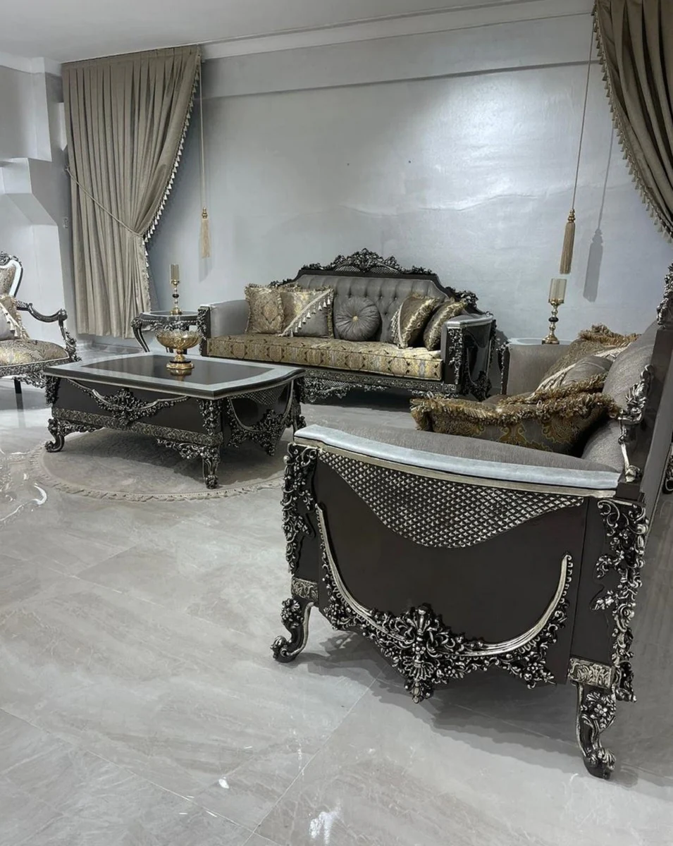 Luxury Baroque Living Room Set Silver / Gold / White / Black / Silver - 2 Baroque Sofas & 2 Baroque Armchairs & 1 Baroque Coffee Table - Luxury Living Room Furniture in Baroque Style - Baroque Furniture