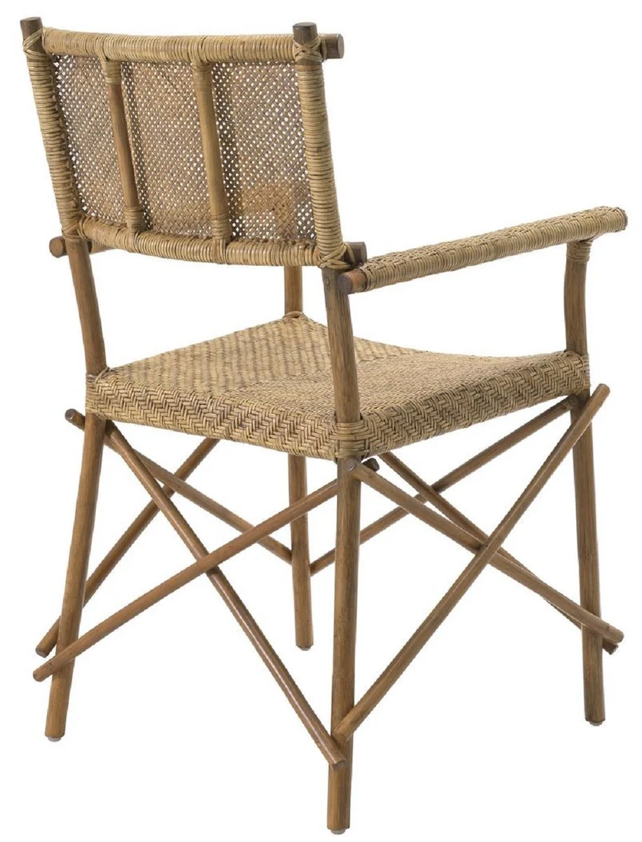 Luxury dining room chair natural colors 58.5 x 55.5 x H. 91.5 cm - solid wood chair with armrests and hand-woven rattan weave - luxury dining room furniture