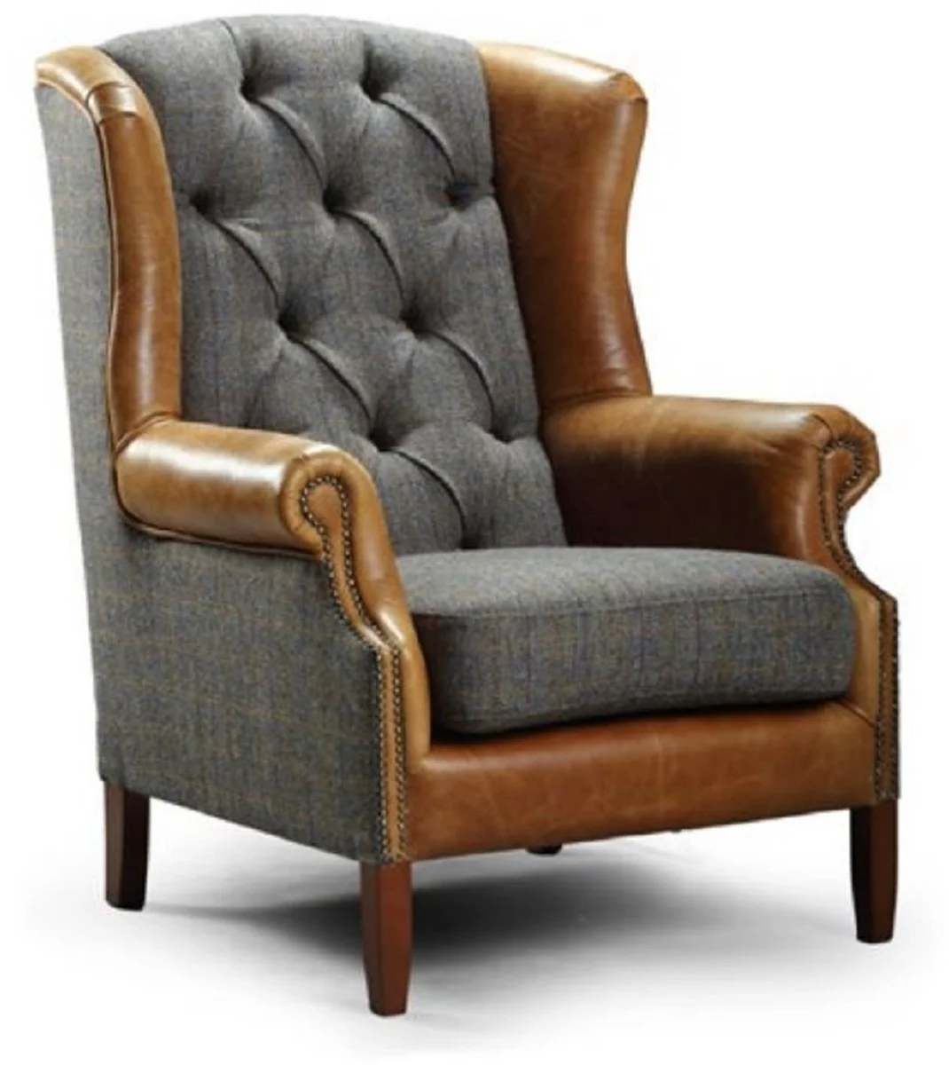 Luxury Chesterfield wing chair gray / brown / dark brown 83 x 90 x H. 105 cm - living room armchair with real leather - Chesterfield living room furniture