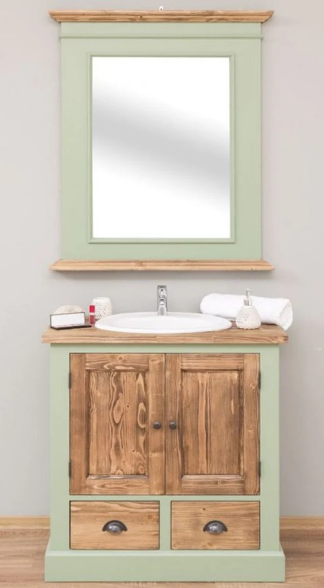 Country house style bathroom set light green / brown - 1 washbasin & 1 wall mirror - solid wood bathroom furniture in country house style