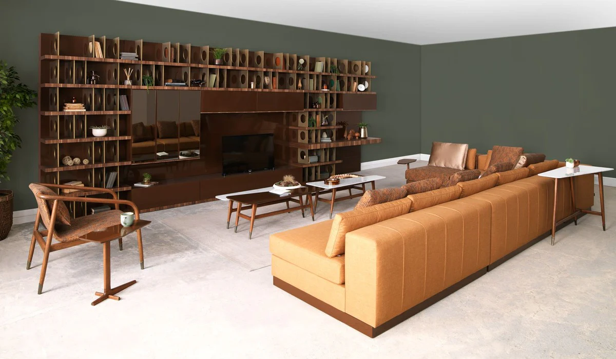 Luxury TV cabinet dark brown / brown / brass 576 x 60 x H. 224 cm - Huge solid wood living room cabinet - Living room furniture - Hotel furniture - Luxury furniture