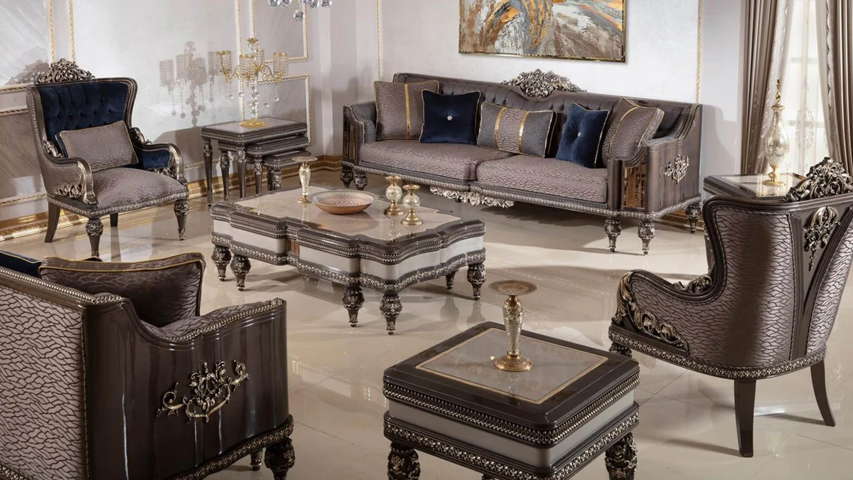 Luxus Barock Wohnzimmer Set Grau / Dunkelbraun / Gold - 2 Sofas & 2 Sessel & 1 Couchtisch & 2 Beistelltische - Handgefertigte Wohnzimmer Möbel im Barockstil - Edel & Prunkvoll