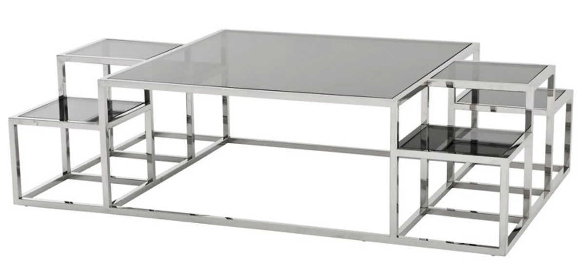 Luxury Art Deco designer coffee table polished stainless steel with smoked glass 150 x 90 cm - Luxury Collection
