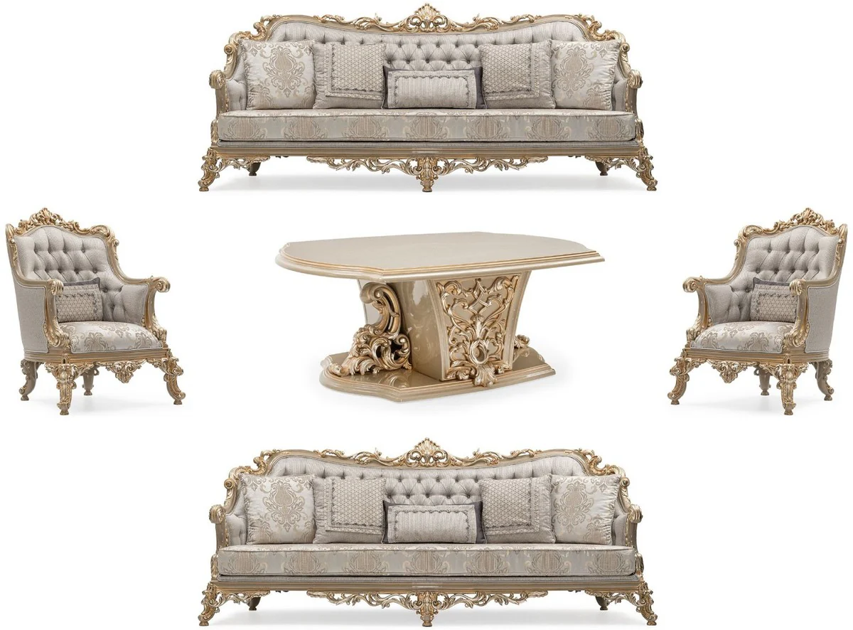 Luxus Barock Wohnzimmer Set Silber / Grau / Gold - 2 Barock Sofas & 2 Barock Sessel & 1 Barock Couchtisch - Handgefertigte Wohnzimmer Möbel im Barockstil - Edel & Prunkvoll