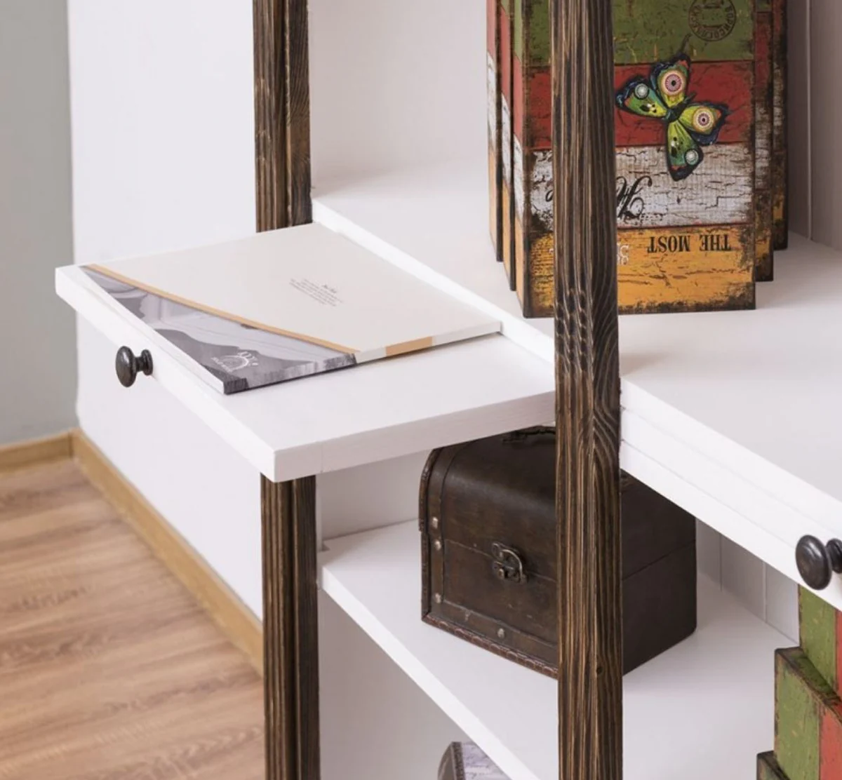 Country house style bookcase brown / white 120 x 37 x H. 197 cm - solid wood cabinet - shelf cabinet - living room cabinet - country house style furniture