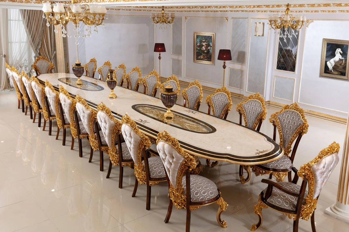 Luxury Baroque Dining Room Set White / Brown / Gray / Gold - 1 Baroque Dining Table & 22 Baroque Dining Chairs - Hotel Furniture - Castle Furniture - Palace Furniture - Luxury Furniture in Baroque Style