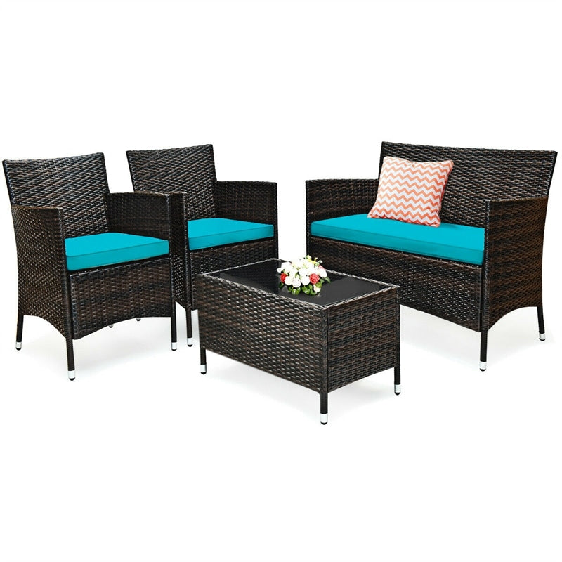 4 Pcs Outdoor Rattan Patio Conversation Set Wicker Furniture Set with Coffee Table and Cushion Sofas