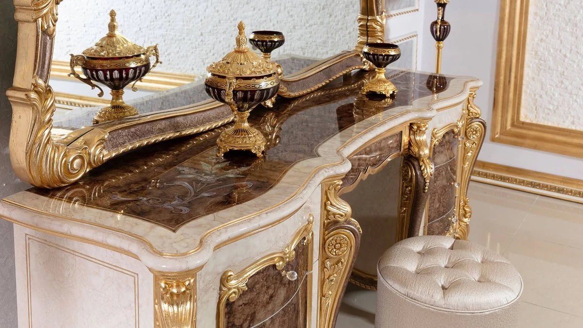 Luxury Baroque Bedroom Set White / Brown / Gold / Silver - 1 Baroque Dressing Table & 1 Baroque Mirror & 1 Baroque Stool - Baroque Bedroom Furniture - Noble & Magnificent
