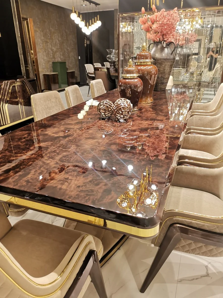 Luxury Art Deco dining table brown / beige / gold 226 x 112 x H. 70 cm - solid wood kitchen table with table top in marble look - dining room furniture - Art Deco furniture - luxury furniture