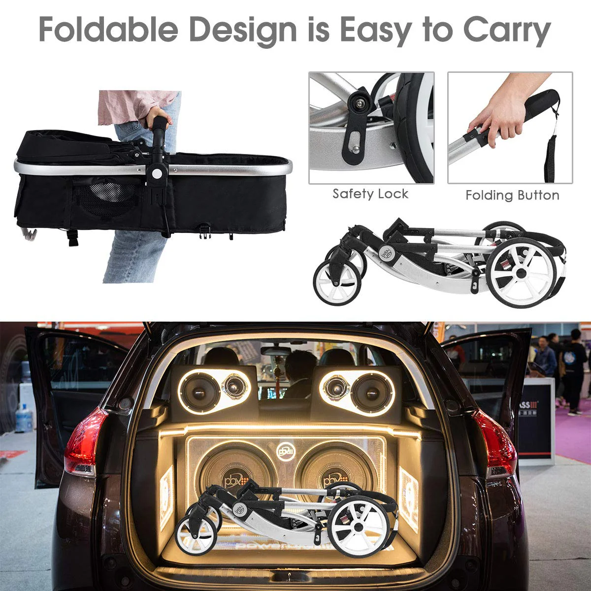 Kinderwagen, umwandelbarer Hochformat-Kinderwagen mit Stubenwagen, verstellbares Verdeck und Rückenlehne, Aufbewahrungskorb, Fußabdeckung, faltbarer Kinderwagen für Neugeborene (grau)