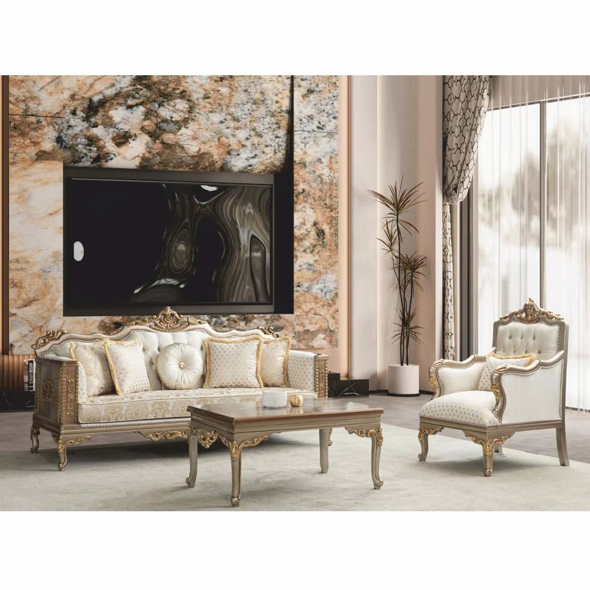 Luxury Baroque Living Room Sofa Cream / Gray / Gold 220 cm - Baroque Furniture