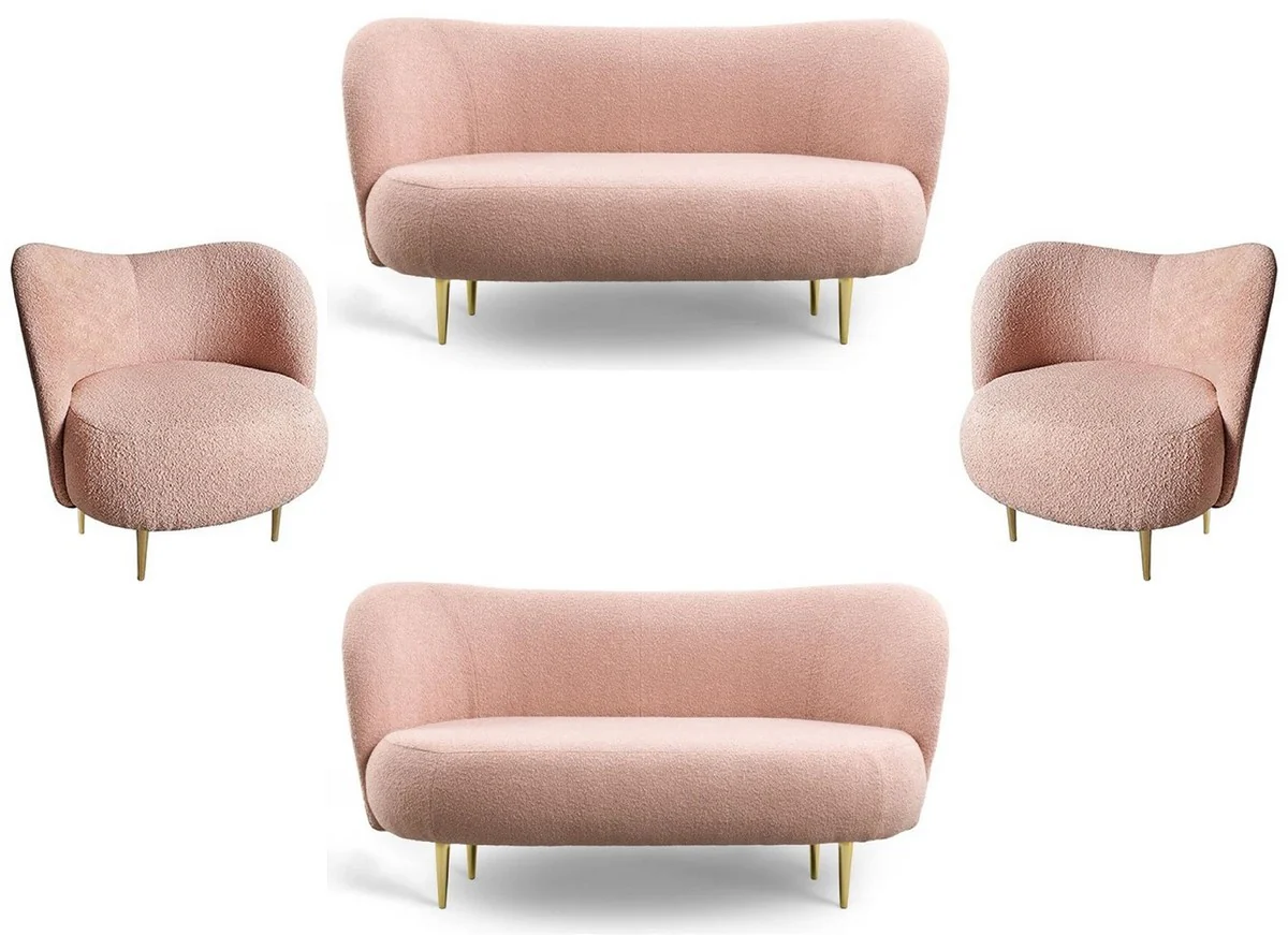 Luxus Wohnzimmer Set Rosa / Gold - 2 Luxus Sofas mit gebogener Rückenlehne & 2 Luxus Sessel mit gebogener Rückenlehne - Luxus Einrichtung - Wohnzimmer Möbel - Luxus Möbel