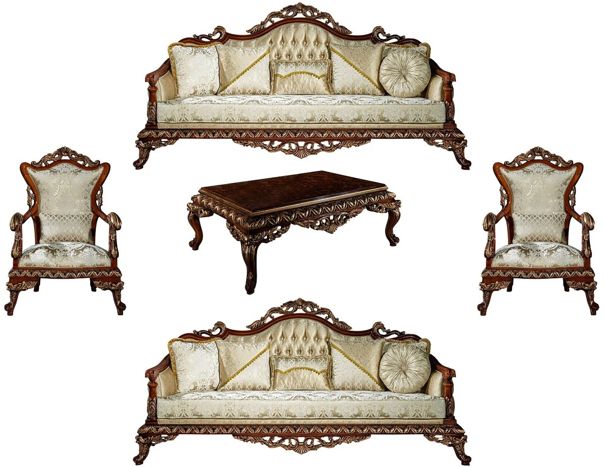 Luxus Barock Wohnzimmer Set Gold / Braun / Bronze - 2 Sofas & 2 Sessel & 1 Couchtisch - Wohnzimmer Möbel im Barockstil - Edel & Prunkvoll