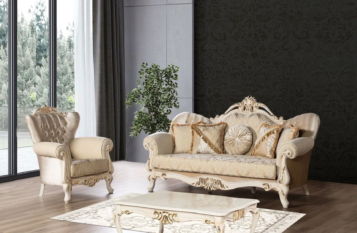 Luxury Baroque Sofa Gold / Cream / Gold - Magnificent Living Room Sofa with Pattern - Baroque Living Room Furniture - Noble & Magnificent