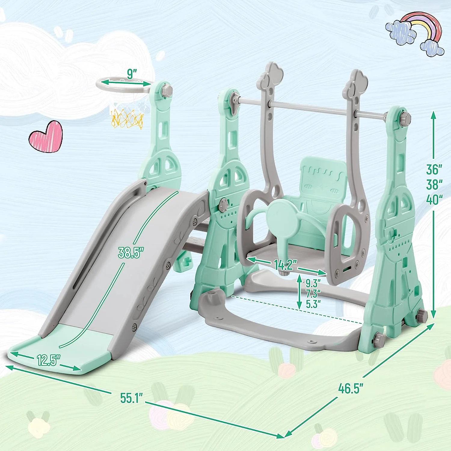 Merax 4-in-1-Rutsche für Kleinkinder, Indoor-Rutsche und Schaukel-Set für Kinder, freistehende Outdoor-Rutsche mit Basketballkorb (grüne Schaukelrutsche)
