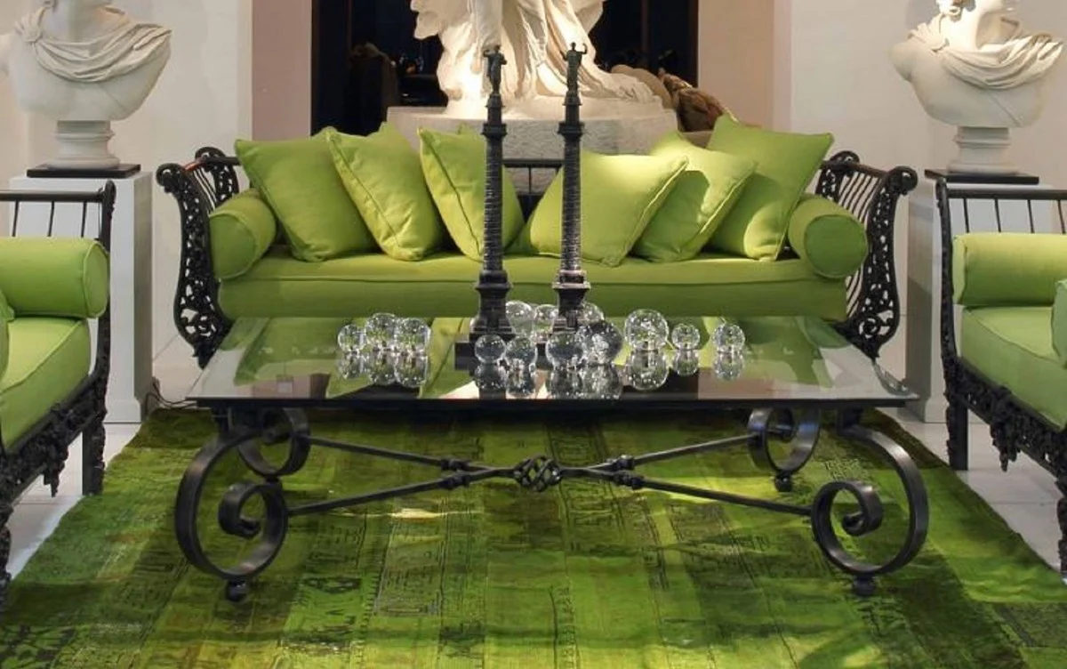 Luxury Baroque coffee table black 136 x 106 x H. 42 cm - Hand-forged wrought iron garden table with glass top - Baroque living room furniture - Baroque garden furniture