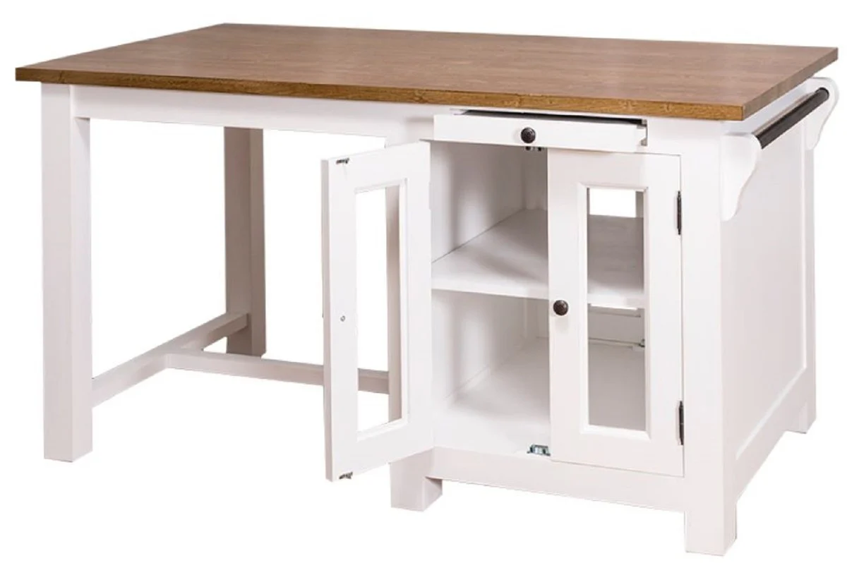 Country house style kitchen island with 4 glass doors and 2 drawers white / dark brown 150 x 85 x H. 80 cm - country house style kitchen furniture