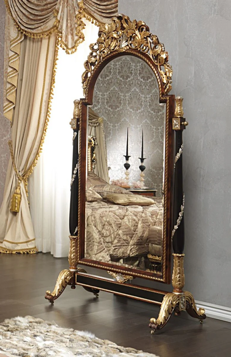Luxury Baroque standing mirror with wheels brown / black / gold / silver 106 x 56 x H. 218 cm - Magnificent hand-carved Baroque furniture - Luxury quality - Made in Italy