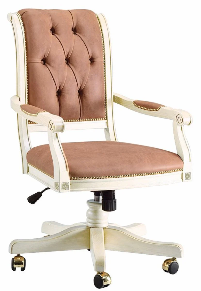 Luxury Baroque Chesterfield Desk Chair Light Brown / White / Gold - Height-adjustable Baroque Style Office Chair - Baroque Office Furniture - Luxury Quality - Made in Italy