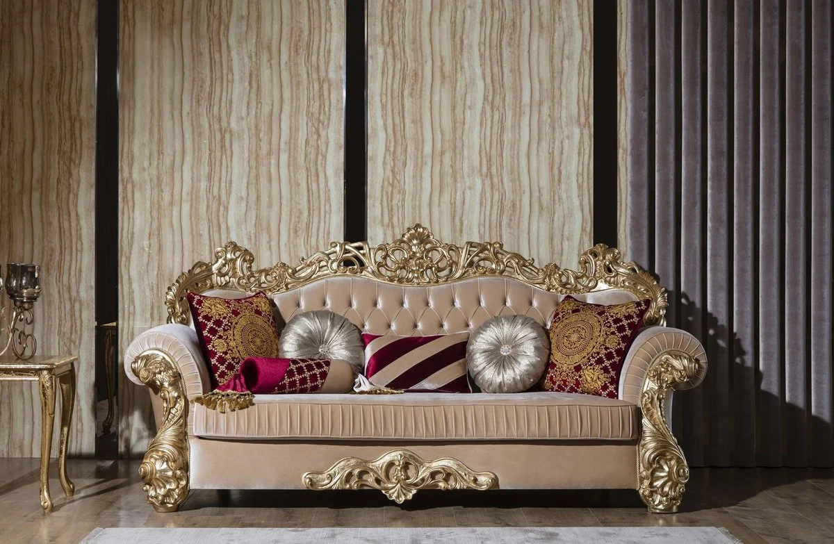Luxury baroque sofa beige / gold 244 x 95 x H. 123 cm - Magnificent living room sofa with decorative pillows - Baroque living room furniture