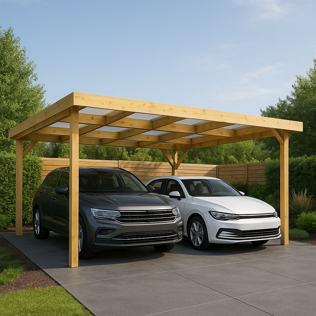 Beige Doppelmarkise aus Holz und Polycarbonat, geeignet für den Außenbereich, Maße 500 x 600 x 270 cm