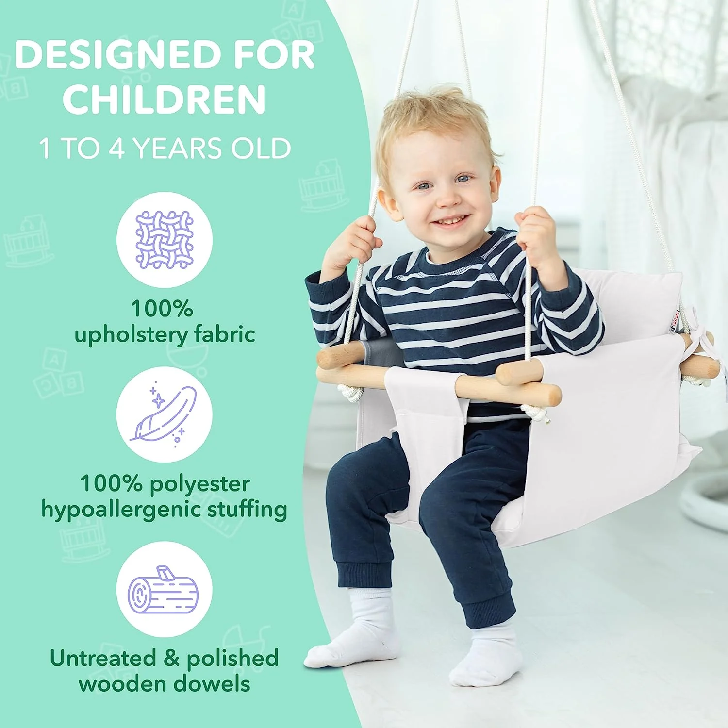 Babyschaukel aus Segeltuch, hängender Schaukelsitz aus Holz mit Sicherheitsgurt, langlebiger Baby-Hängemattenstuhl, Außen- und Innenschaukel für Kinder, Montagezubehör im Lieferumfang enthalten, Elfenbeinfarben