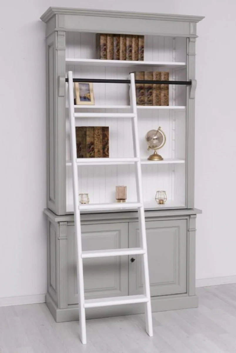 Country house style bookcase with ladder gray / white 120 x 51 x H. 228 cm - solid wood cabinet - shelf cabinet - living room cabinet - office cabinet - country house style furniture