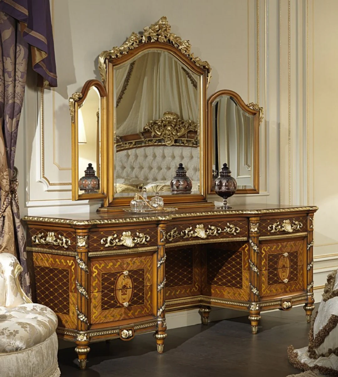Luxury Baroque chest of drawers with mirror brown / gold - Magnificent handmade dressing table with wall mirror - Hotel furniture - Castle furniture - Luxury quality - Made in Italy