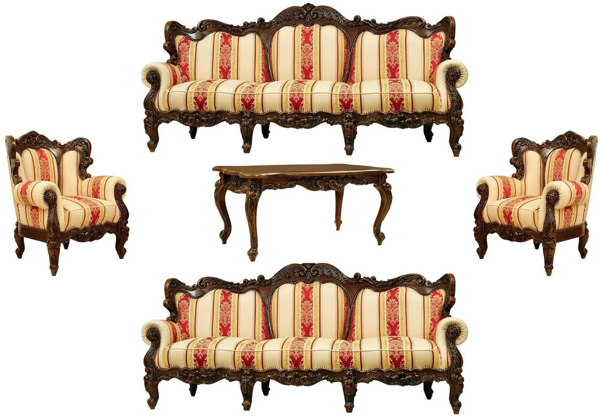 Luxus Barock Wohnzimmer Set Creme / Gelb / Rot / Dunkelbraun - 2 Barock Sofas & 2 Barock Sessel & 1 Barock Couchtisch - Wohnzimmer Möbel im Barockstil - Edel & Prunkvoll