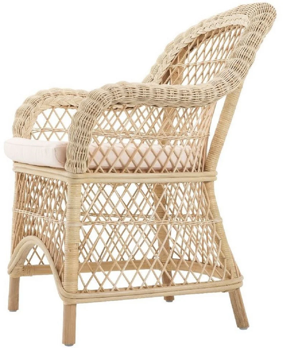 Luxury rattan dining chair with armrests and cushions natural / cream 63 x 68 x H. 88 cm - Dining room furniture