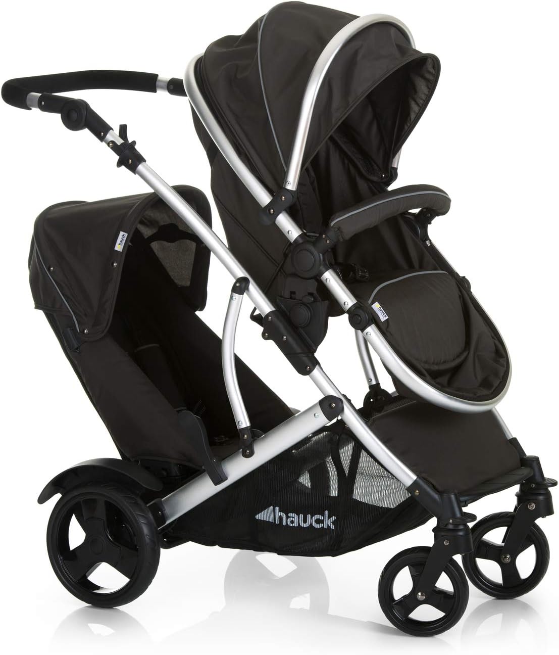hauck Duett 2 Carro Gemelar, Silla de Paseo Gemelar Reversible, Cochecito Gemelar Bebe, Manillar Ajustable, Protector de Lluvia Incluido, Schwarzwald