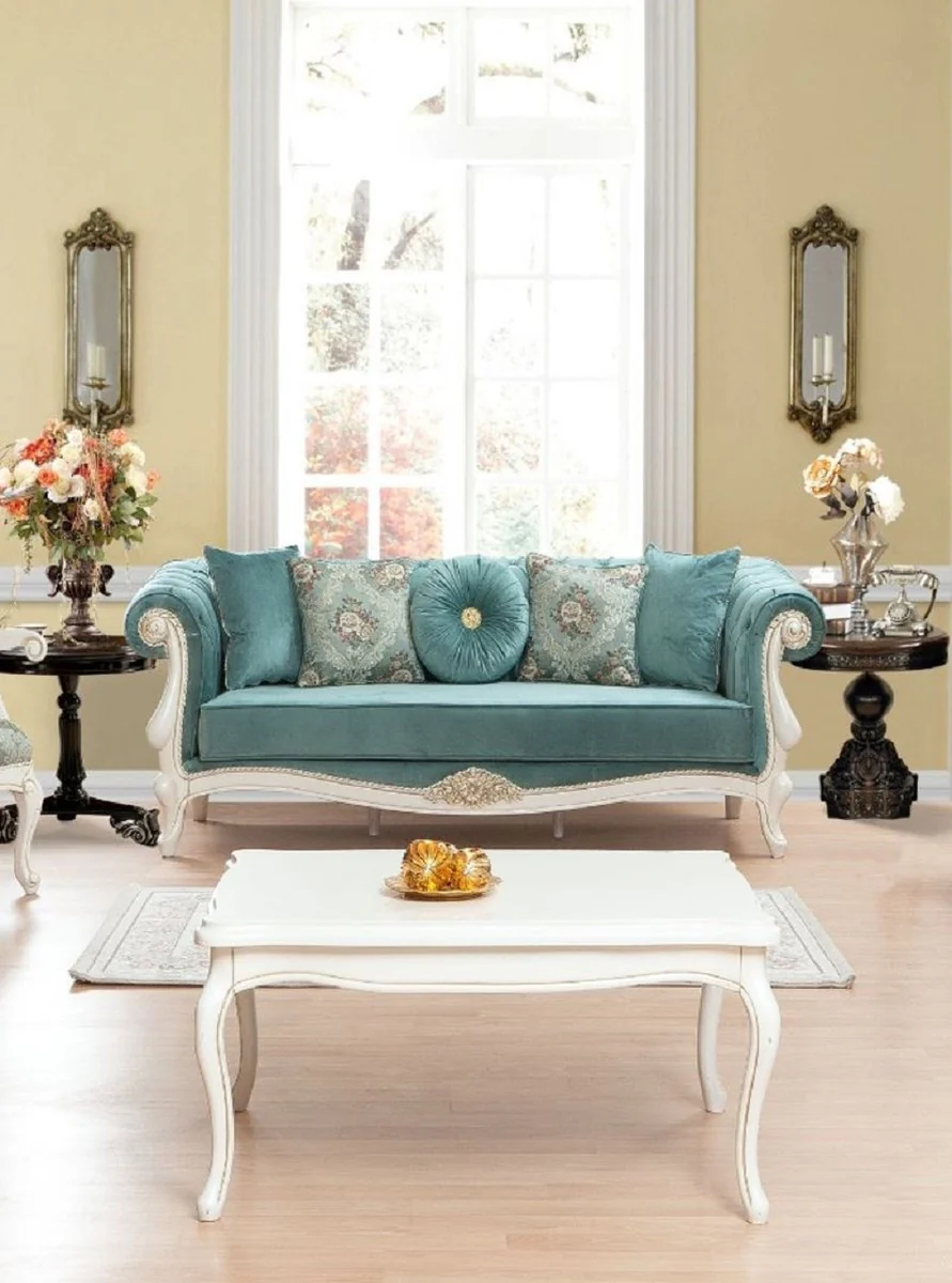 Luxus Barock Wohnzimmer Set Türkis / Grün / Weiß - 2 Sofas & 2 Sessel mit Muster & 1 Couchtisch - Wohnzimmer Möbel im Barockstil - Edel & Prunkvoll