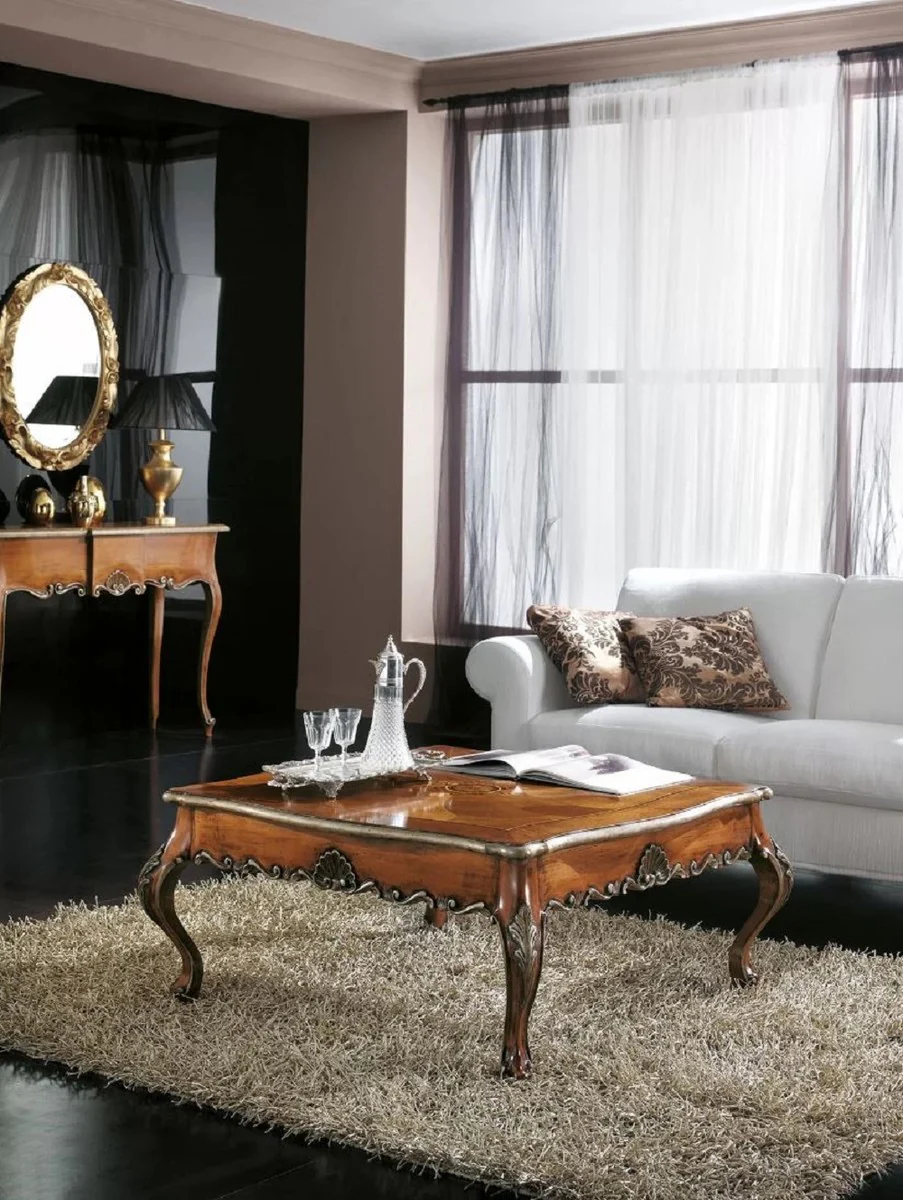Luxury Baroque Coffee Table Brown / Silver - Square Solid Wood Living Room Table in Baroque Style - Baroque Living Room & Hotel Furniture - Luxury Quality - Made in Italy
