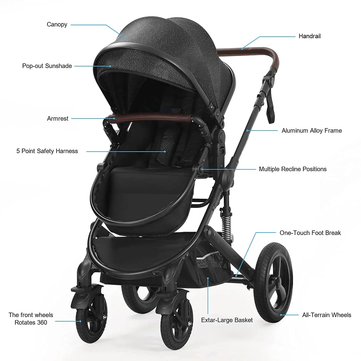 Kinderwagen für Neugeborene und Kleinkinder – Cynebaby 2-in-1 Hochformat, umwandelbar, umkehrbar, stoßfest, Stubenwagen, Kinderwagen, Kinderwagen, mit Getränkehalter, Fußsack und Wickeltasche (grün)