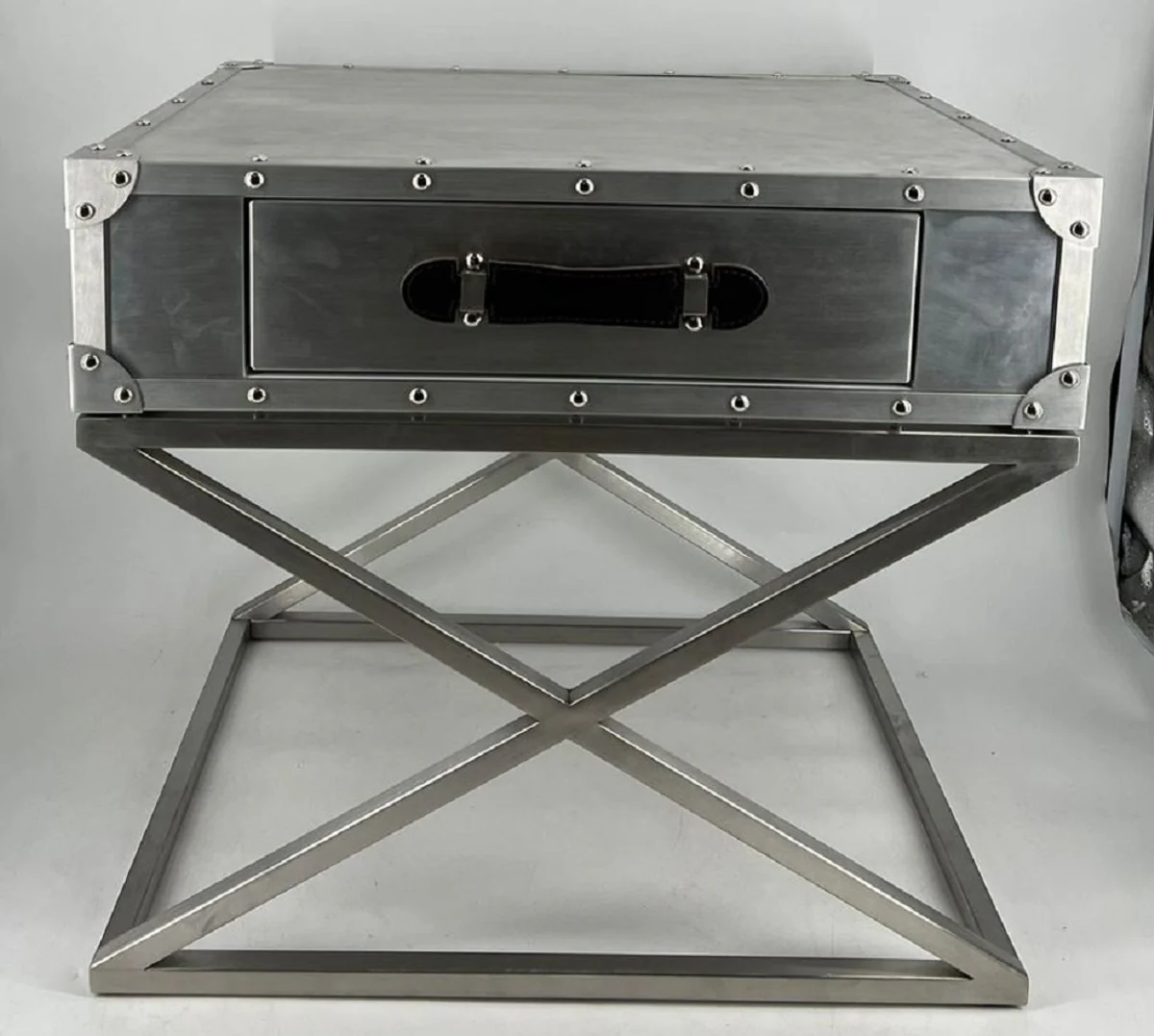 Aluminum airplane aviator bedside table with drawer silver / black