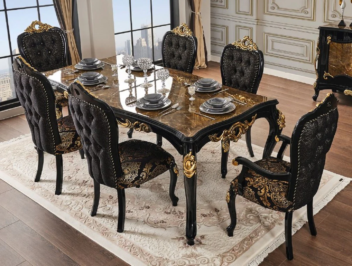 Luxury baroque dining table brown / black / gold 210 x 100 x H. 82 cm - Magnificent solid wood dining room table with table top in marble look - Baroque dining room furniture