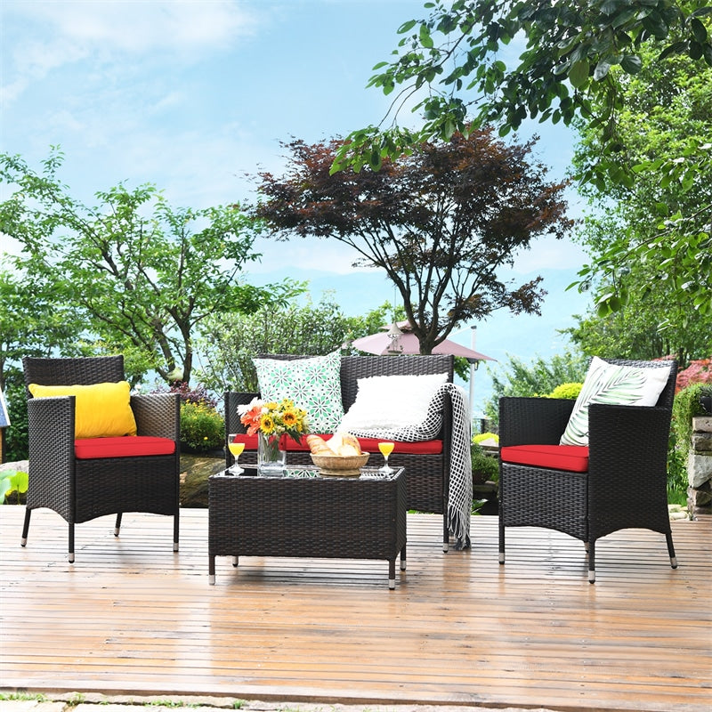 4 Pcs Outdoor Rattan Patio Conversation Set Wicker Furniture Set with Coffee Table and Cushion Sofas