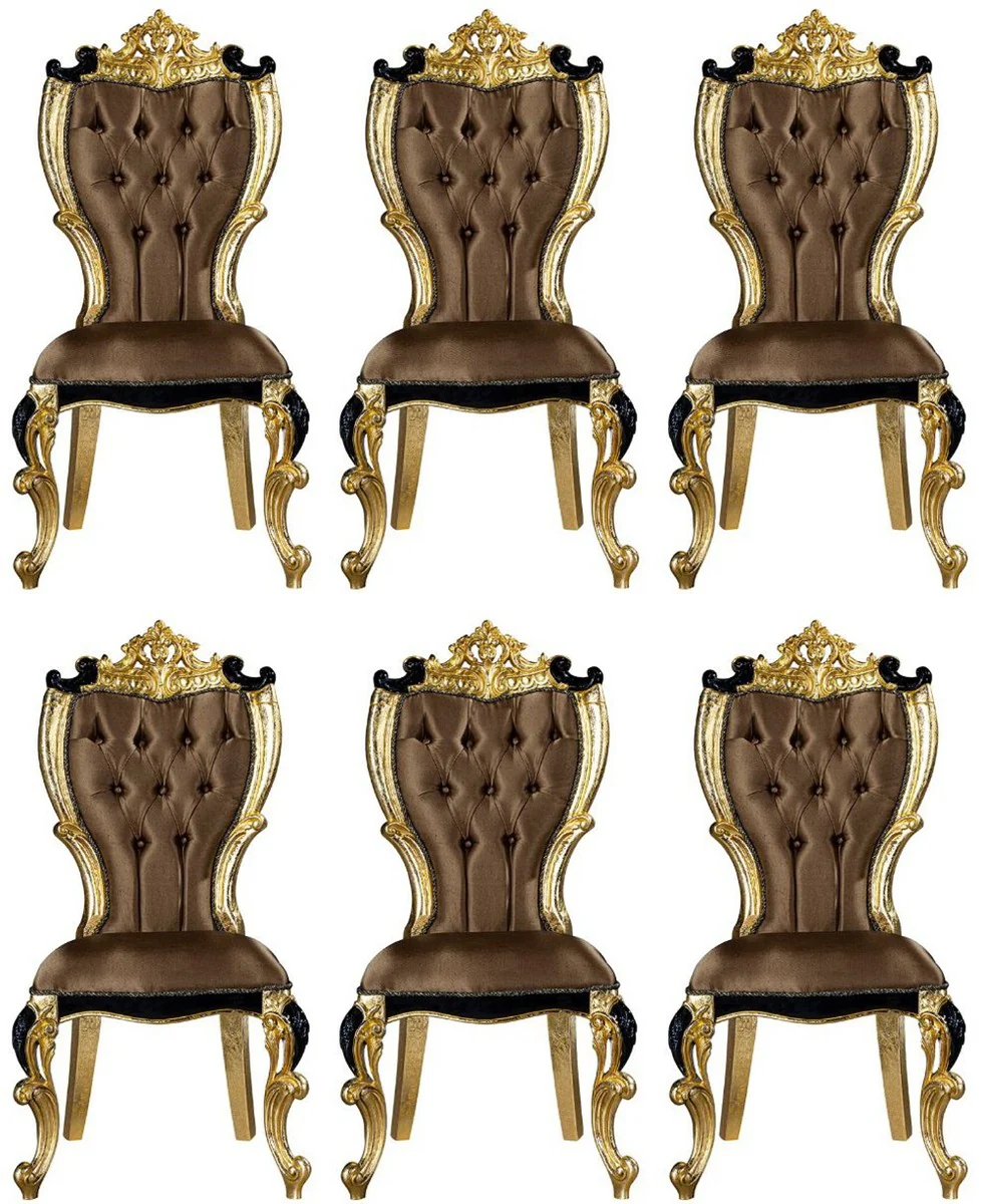 Luxury Baroque Dining Room Chair Set Brown / Black / Gold 60 x 65 x H. 120 cm - Kitchen Chairs Set of 6 in Baroque Style - Baroque Dining Room Furniture