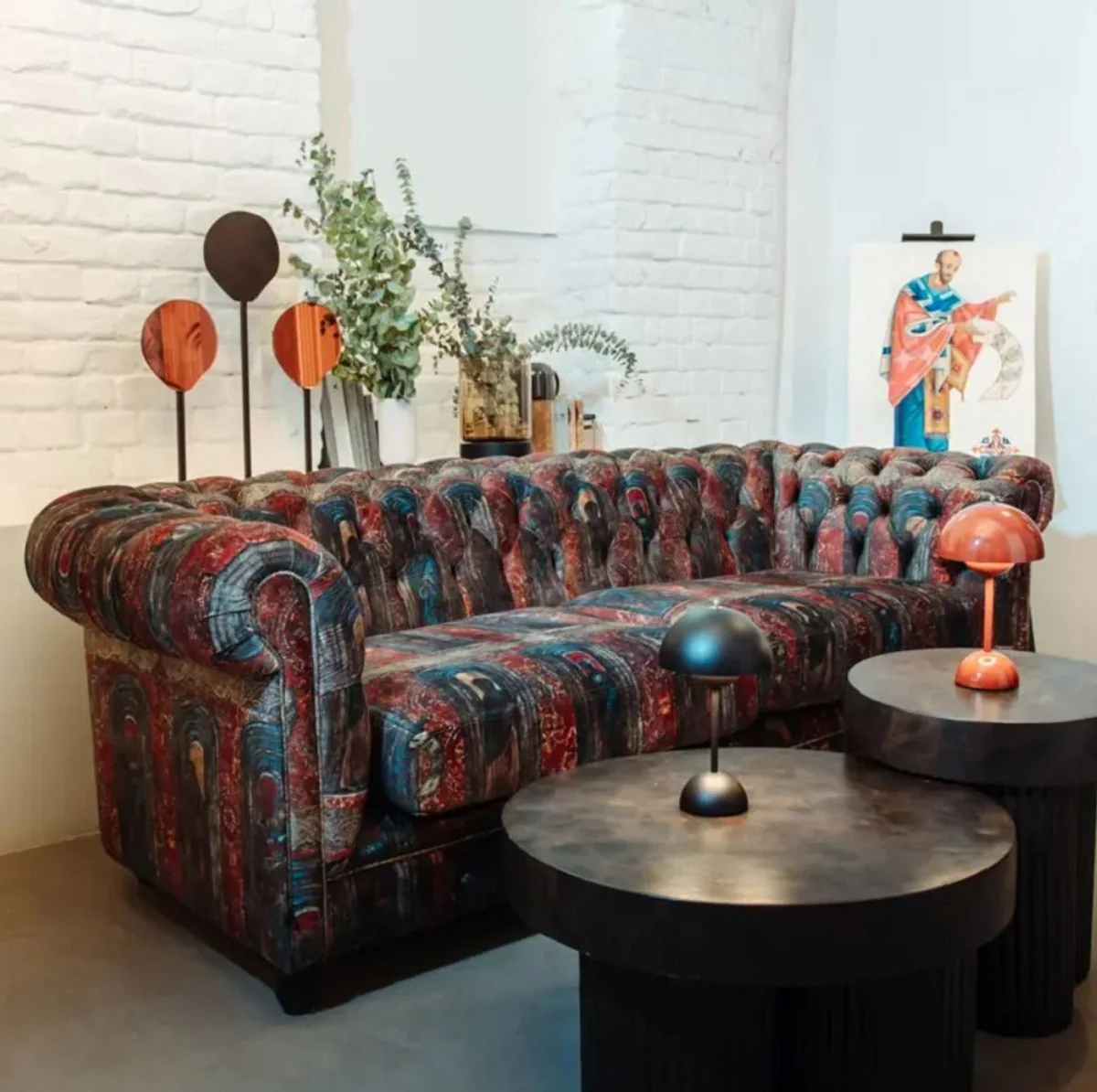 Luxury Chesterfield velvet sofa multicolored / black 220 x 96 x H. 78 cm - Living room sofa - Hotel sofa - Living room furniture - Chesterfield furniture - Luxury furniture - Luxury furnishings