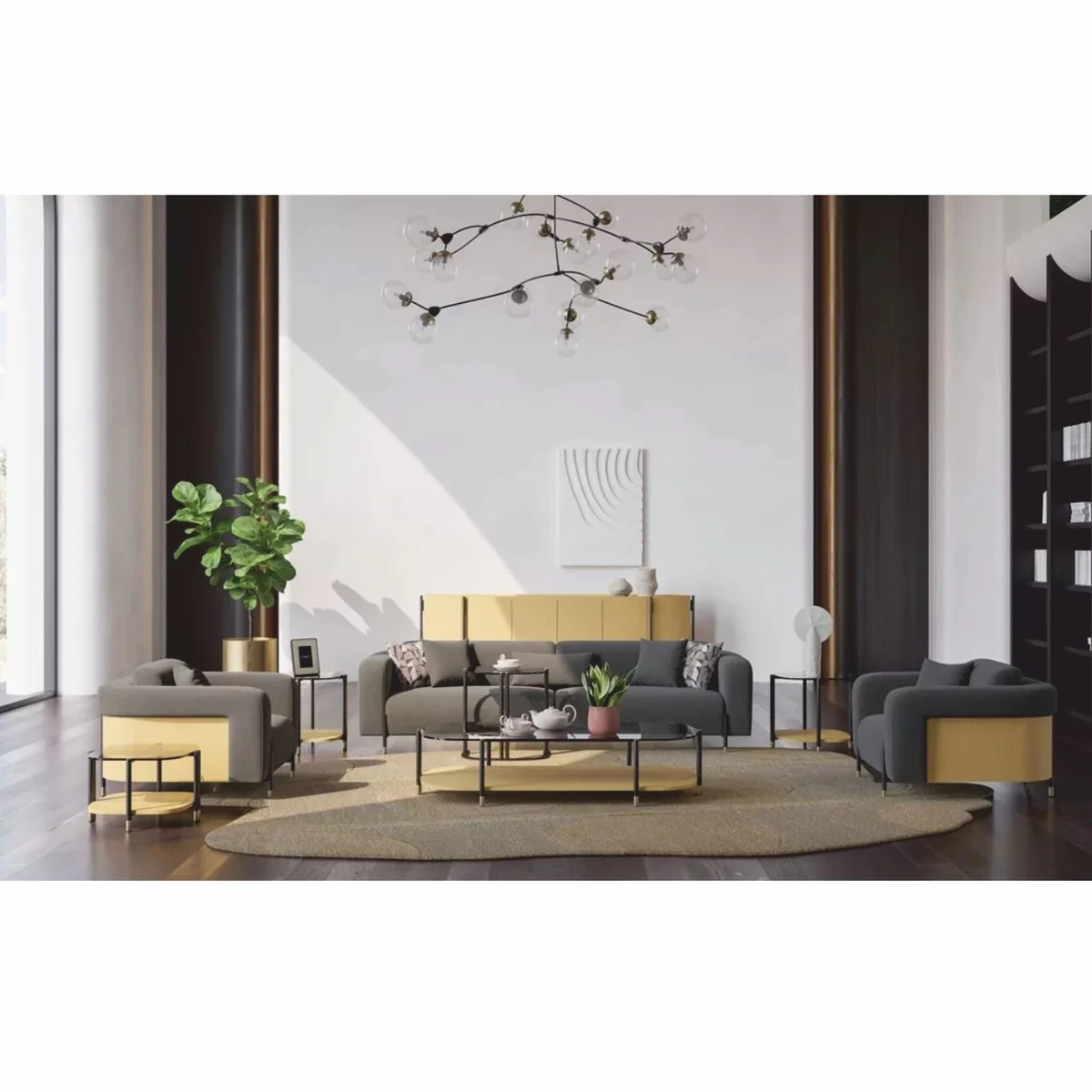 Luxury coffee table natural colors / gray / brass 155 cm - living room & hotel furniture