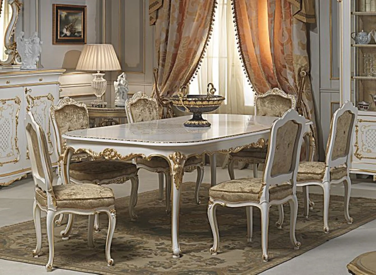 Luxury Baroque Dining Room Set White / Gold - 1 Dining Table & 6 Dining Chairs - Dining Room Furniture in Baroque Style - Hotel Restaurant Castle Furniture - Luxury Quality - Made in Italy