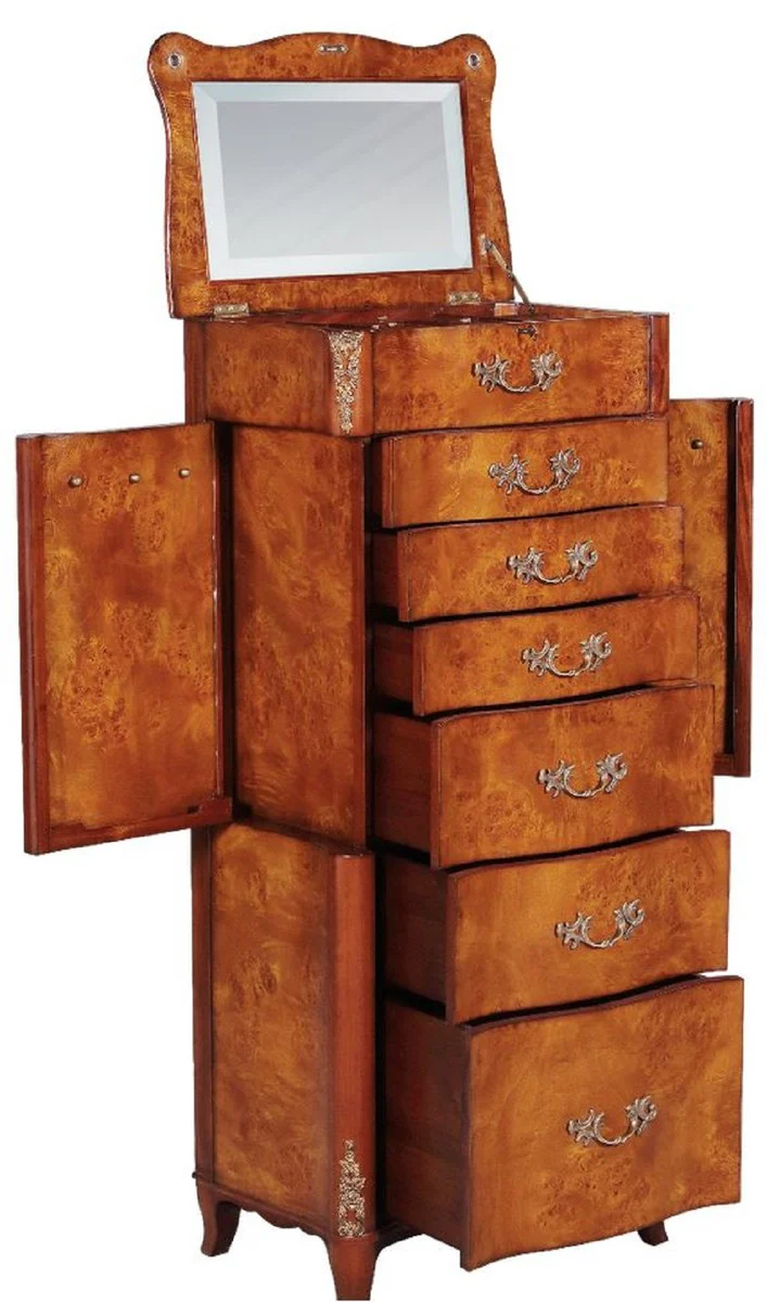 Luxury baroque jewelry chest of drawers light brown / brown / silver 56 x 36 x H. 128 cm - Noble solid wood chest of drawers with mirror - Baroque style jewelry cabinet - Baroque furniture