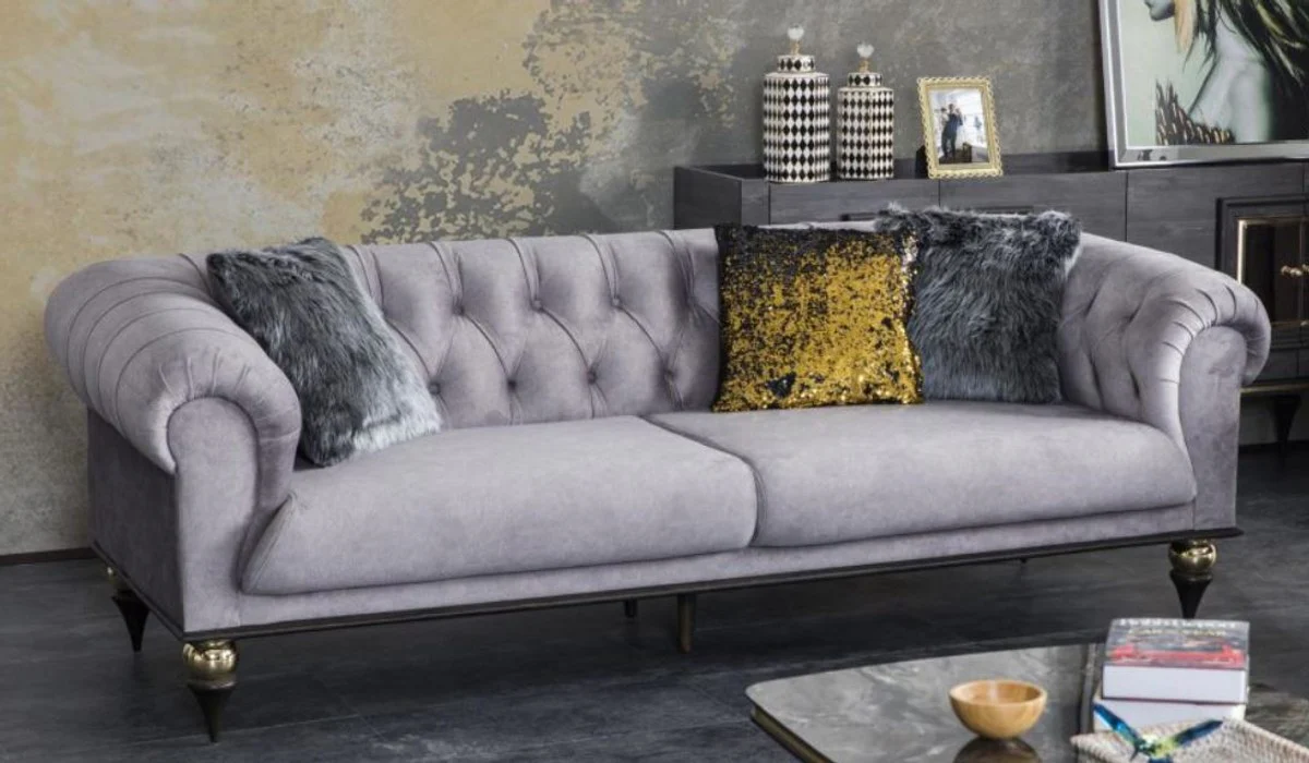 Luxury Art Deco Chesterfield living room sofa light gray / black / brass 230 x 100 x H. 82 cm - Luxury Furniture