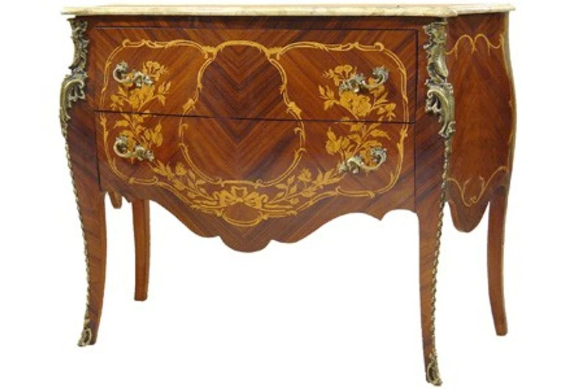 Baroque chest of drawers with marble top mahogany brown with brass-colored metal applications 131 cm - Hotel Collection
