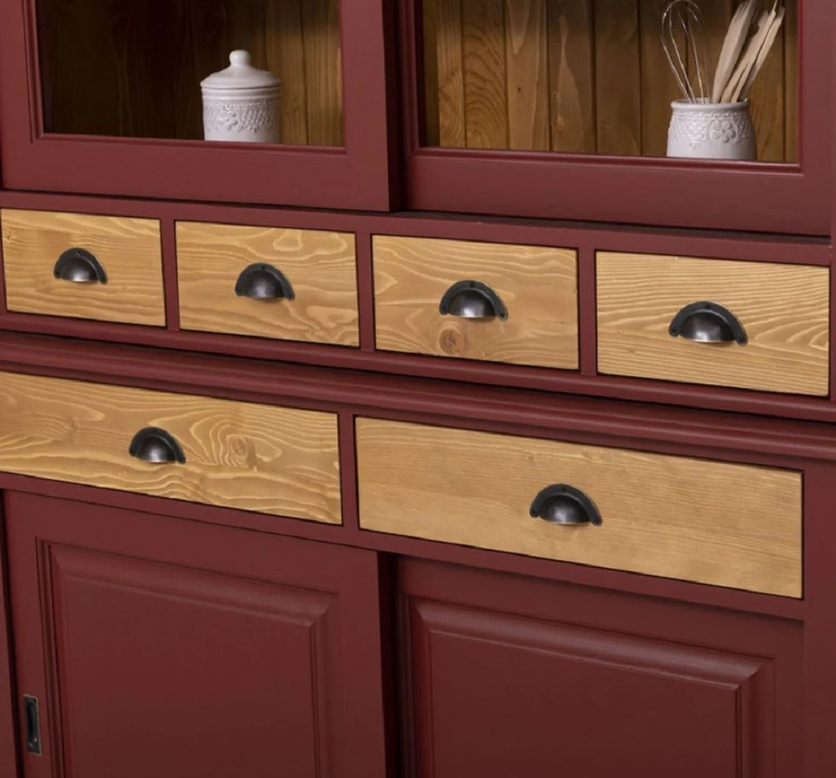 Country house style dining room cabinet Bordeaux red / natural color 142 x 48 x H. 225 cm - solid wood kitchen cabinet - country house style dining room furniture