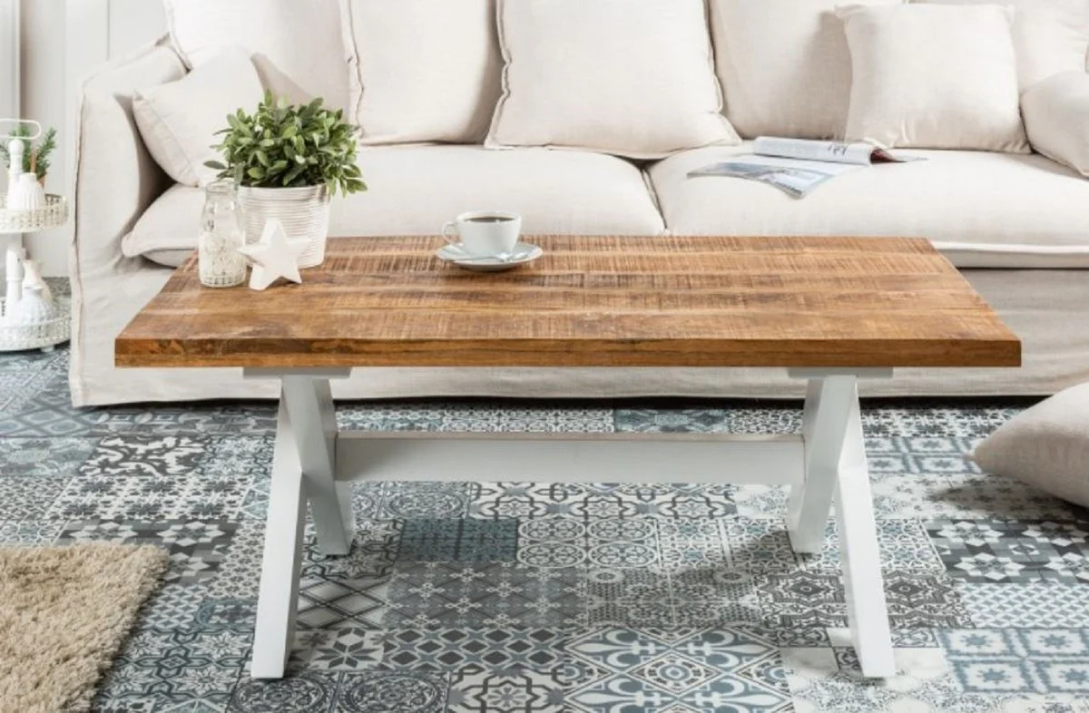 Country house style coffee table natural colors / white 110 x 60 x H. 45 cm - handmade solid wood living room table - living room furniture in country house style